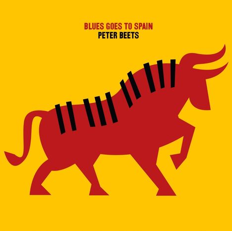 "Blues Goes to Spain, Peter Beets." Roter Stier mit schwarzen Klaviertasten auf gelbem Hintergrund.