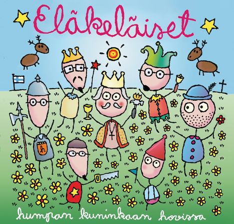 Comic-Stil Illustration mit bunten Figuren, Bären, Blumen, finnischer Flagge und dem Text "Eläkeläiset".