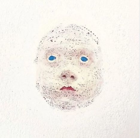 Eine Illustration: Ein schemenhaftes Gesicht auf weißem Hintergrund mit blauen Augen und roten Lippen.