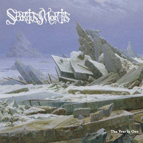 Oben „Spiritus Mortis“ in stilisierter Schrift, unten „The Year Is One“. Eis und zackige, schroffe Schneelandschaft.