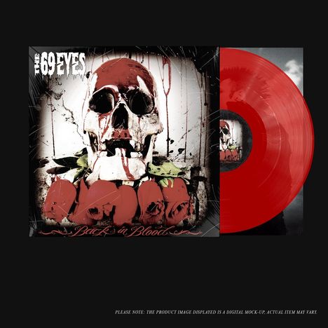 "The 69 Eyes" und "Back in Blood" mit Schädel und roten Rosen. Rote Schallplatte daneben.