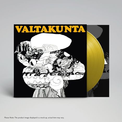 Der Text "VALTAKUNTA" steht oben in Gelb. Darunter ein schwarz-weißes, detailreiches, abstraktes Design mit einer goldenen Schallplatte.