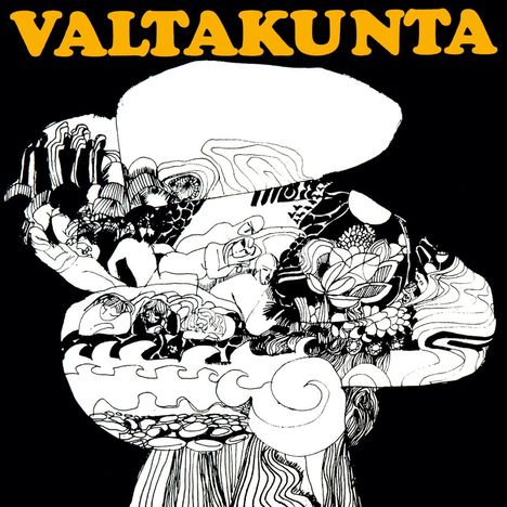 VALTAKUNTA steht in großen gelben Buchstaben. Eine schwarz-weiße abstrakte Illustration mit Blumen und Mustern darunter.