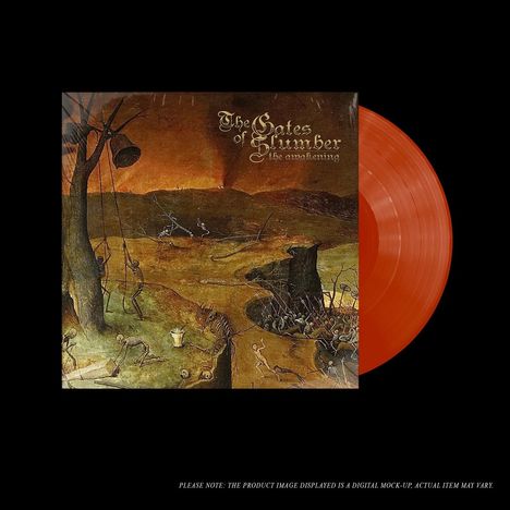 The Gates of Slumber: The Awakening. Schallplatte in leuchtendem Orange und dunklem, fantastischem Gemälde im Hintergrund.