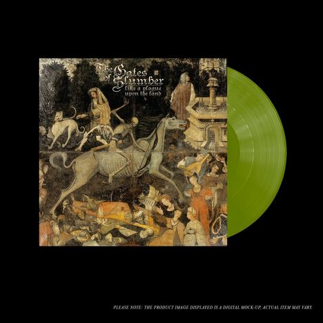 Text: "The Gates of Slumber: Like a plague upon the land".  
Illustration: Mittelalterliche Szene mit Skelettpferd. Vinyl in Grün.