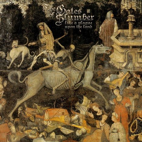 "The Gates of Slumber. Like a plague upon the land." Mittelalterliche Szene mit Skelett auf Pferd und panischen Menschen.