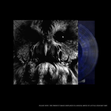 "CALLISTO NOIR" in der Mitte, darunter Eule in Schwarz-Weiß; rechts eine blaue Vinyl-Schallplatte.
