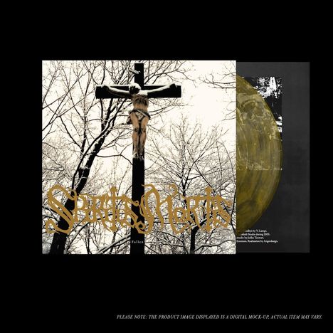 "Spirits Mortis" steht in goldenen Buchstaben über einem Kreuz mit Jesusfigur. Winterliche Baumkulisse im Hintergrund.
