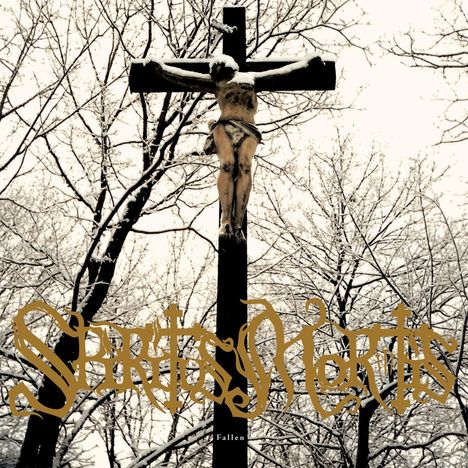Goldene Schrift: "SPIRITUS MORTIS", darunter klein "Fallen". Ein Kruzifix vor winterlichen, kahlen Bäumen.