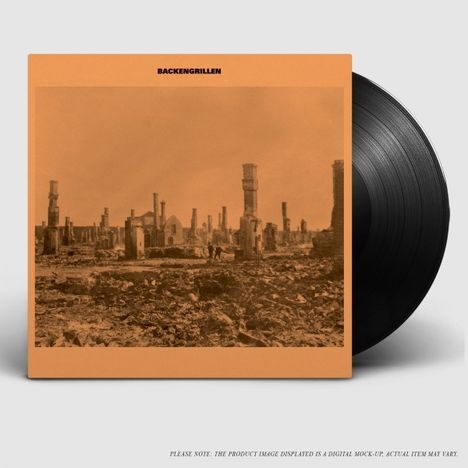 "BACKENGRILLEN" auf einem Plattencover mit einem Foto von zerstörten Gebäuden in sepia.