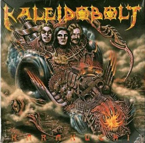 "Kaleidobolt" und "Karakuchi" in auffälligen, gelben Schriftzügen. Illustration von verschlungenen, metallischen Wesen.