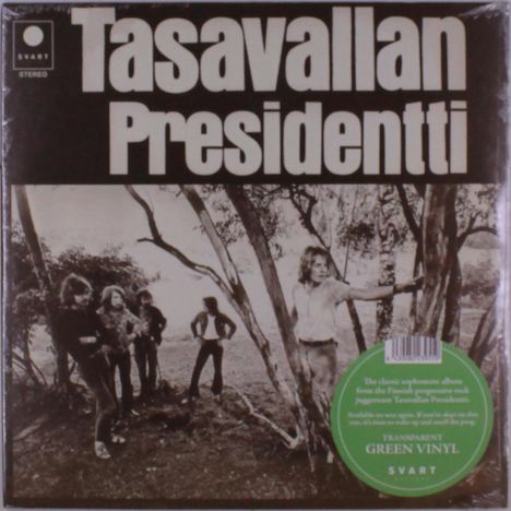 Oben steht "Tasavallan Presidentti." Unten ein grüner Aufkleber mit Text über transparentes grünes Vinyl. Schwarzweißfoto von fünf Personen im Freien.