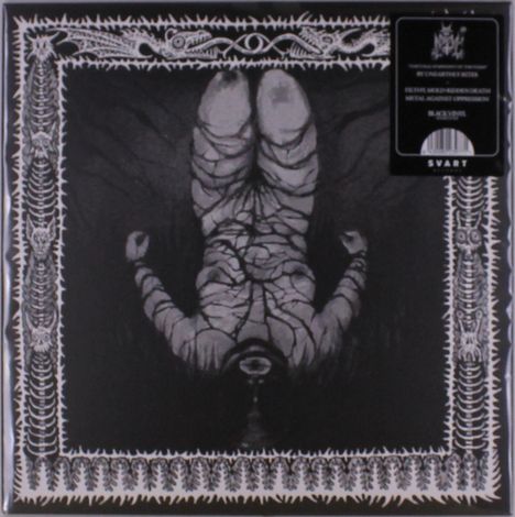 Text: "Black vinyl", "Feat. raging... metal against oppression", "SVART". Illustration: vertikal gespaltener Körper, Ornamente.