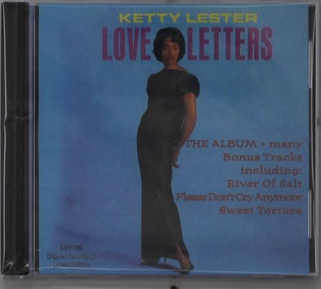 "LOVE LETTERS" von Ketty Lester, Album mit Bonus-Tracks. Frau in schwarzem Kleid auf blauem Hintergrund.