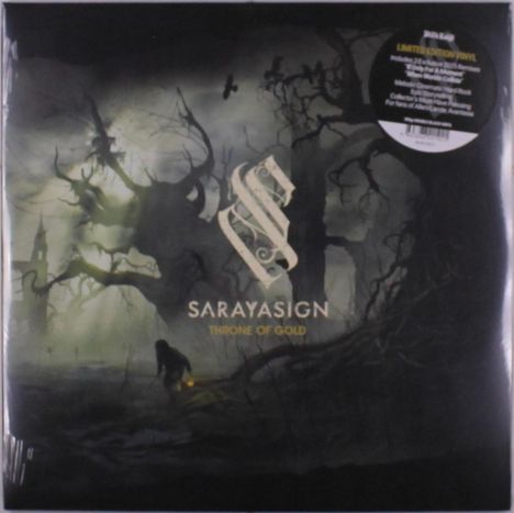 Text: "SARAYASIGN", "THRONE OF GOLD". Dunkle, mystische Szene mit toten Bäumen und einer schattenhaften Gestalt mit Laterne.
