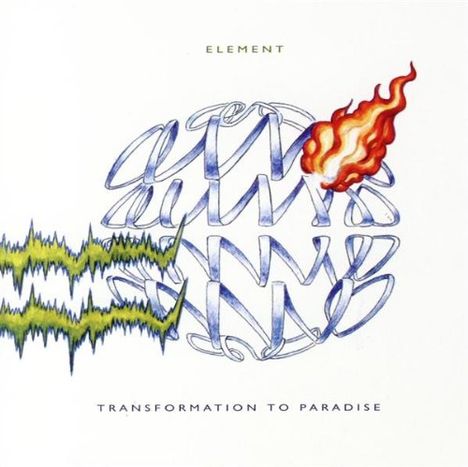 "Element Transformation to Paradise" in Großbuchstaben. Illustration eines blauen Ornaments, mit Flamme und grünen Wellen.