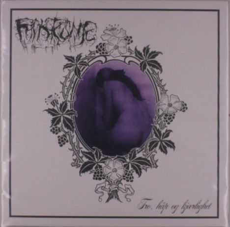 Oben links: „Fiksume“ in stilisiertem Text. Unten rechts: „Tro, håp og kjærlighet“. Illustration mit violetter Silhouette.