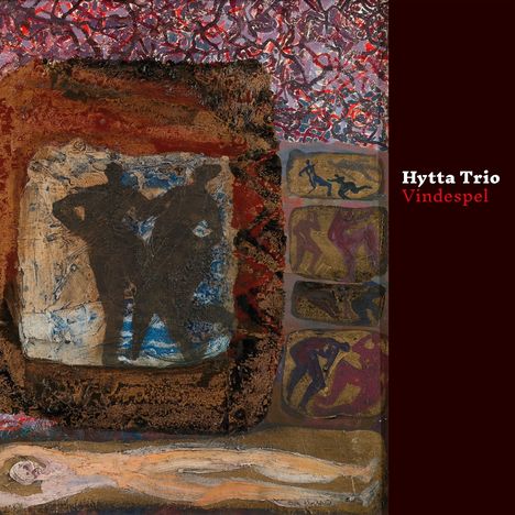 Text: „Hyttatrio Vindespel“. Illustration: Abstrakte Formen und Figuren in lebendigen Farben.