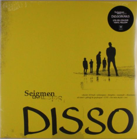 "Seigmen DISSONANS LTD. ED. COLOUR VINYL YELLOW" auf gelbem Hintergrund, zeigt schwarze Silhouetten von Personen.