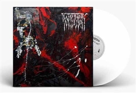 Unleserlicher Schriftzug, abstrakte Kunst in Rot und Schwarz, daneben eine weiße Schallplatte.