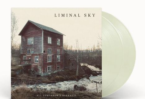 "Liminal Sky. All Tomorrow's Darkness." Ein altes, rotes Holzhaus steht an einem Fluss in einer winterlichen Landschaft.