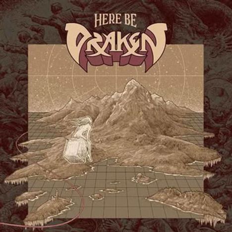 "Here Be Draken" in großen Buchstaben oben. Eine kartografische Illustration mit Inseln, Gitternetz und einem Berg.