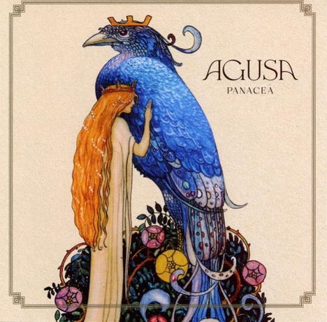 Text: "AGUSA PANACEA". Eine Illustration zeigt eine Frau mit rotem Haar neben einem großen, blauen Vogel mit Krone.