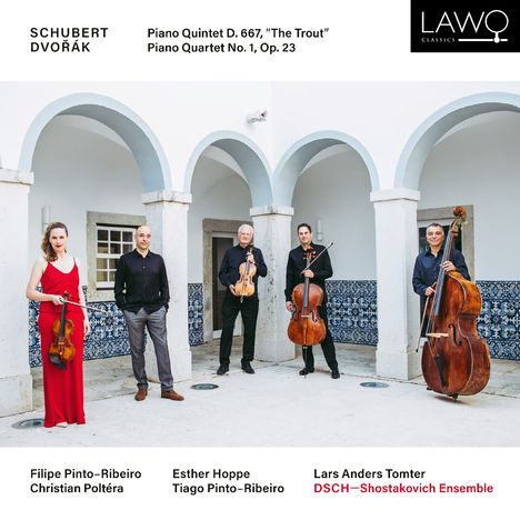 "Schubert Dvořák", fünf Musiker mit klassischen Instrumenten in einem Arkadenhof, Logo oben rechts.