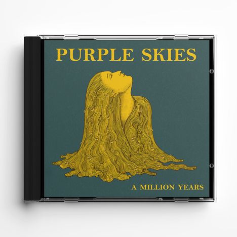 "PURPLE SKIES" oben, "A MILLION YEARS" unten. Illustration: Kopf einer Frau mit langen, fließenden Haaren.