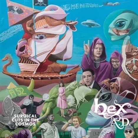 Der Text im Bild lautet: "Surgical Cuts in the Cosmos", "hex A.D.". Science-Fiction-Illustration mit Aliens und Menschen.