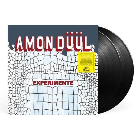 "Amon Düül" und "Experimente" in rot-weißer Schrift auf grobem Mosaikhintergrund mit Schallplatten.