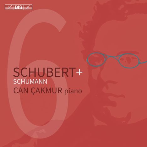 Text: Schubert + Schumann, Can Çakmur piano. Hintergrund: Rote Illustration eines Gesichts mit Brille.