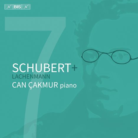 „SCHUBERT+ LACHENMANN CAN ÇAKMUR piano“, grüne Fläche mit stilisiertem Gesicht im Hintergrund.