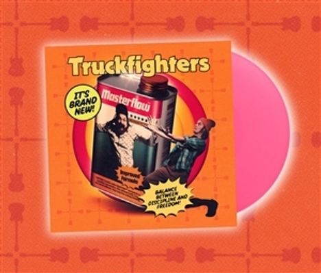 "Truckfighters", "It's brand new!", "Masterflow", "Balance, elegance, obscure and freedom". Retro-Stil mit rosa Vinyl.
