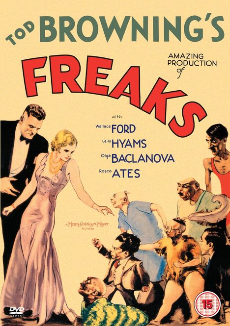 "FREAKS" in großen roten Buchstaben; oben "TOD BROWNING'S." Unten Illustrationen von Menschen in ungewöhnlichen Posen.