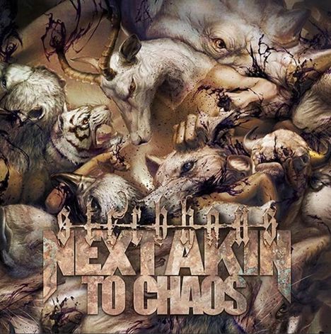 "Next Akin to Chaos" steht auf einem chaotischen Hintergrund aus kämpfenden Tieren, darunter ein Tiger und andere Kreaturen.