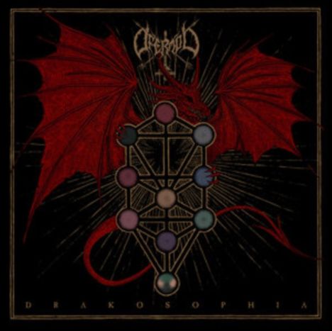 Rotes Drachenlogo, darunter das Wort "DRAKOSOPHIA". Buntes Schemenmuster mit Kreisen auf schwarzem Hintergrund.