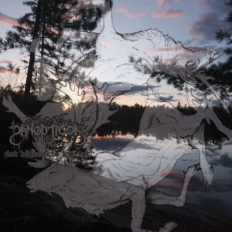 Text: "Panopticon det hjemsokte hjertet". Illustration: Wolfartige Figuren auf einer Waldlandschaft oben einem See im Sonnenuntergang.