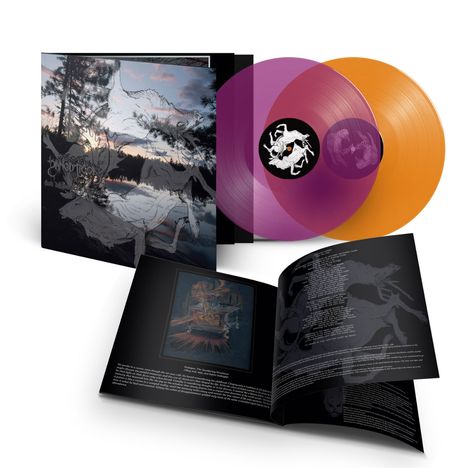 Zwei Schallplatten (eine rosa, eine orange) mit Coverbild von Wölfen am See und ein aufgeschlagenes Booklet mit Songtexten.
