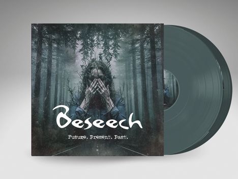 Text: "Beseech" und "Future. Present. Past."  
Illustration: Eine Person in einem Wald, Gesicht mit Händen bedeckt.