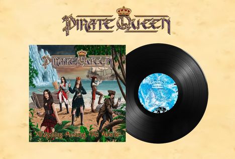 "Pirate Queen", "Travelling Around The World". Illustration von Piraten auf einem Strand mit einem Segelschiff im Hintergrund.