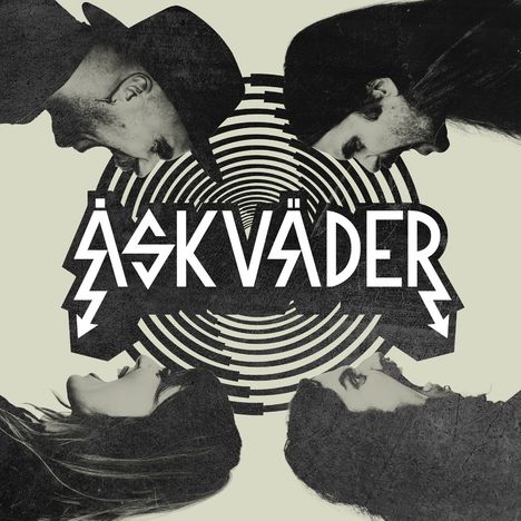 ÅSKVÄDER in weißer Schrift über kreisförmigem Muster, vier seitliche Gesichter umgeben den Text.