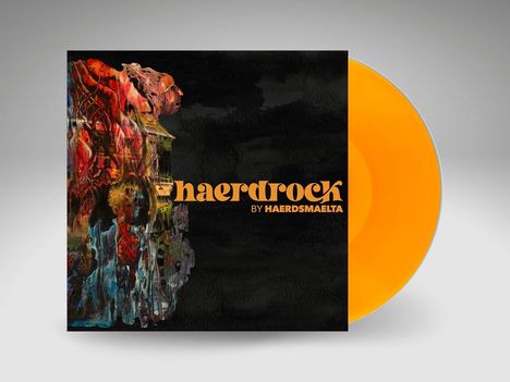"haerdrock by haerdsmaelta" steht auf einem Albumcover. Links buntes abstraktes Gemälde, rechts orangefarbene Schallplatte.