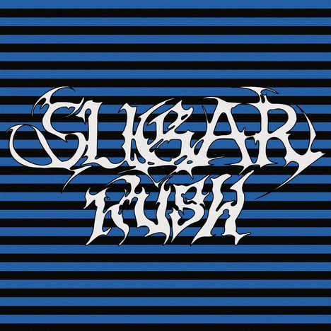 "SLUGAR KUSH" in einer stilisierten Schrift auf einem Hintergrund mit schwarzen und blauen Streifen.
