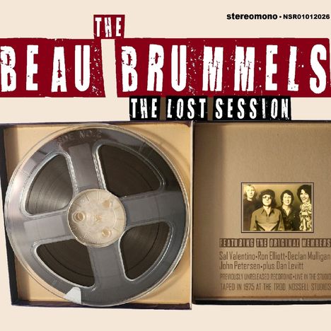 Text: "The Beau Brummels - The Lost Session. Featuring the original members." Tonband, kleines Foto von fünf Personen.
