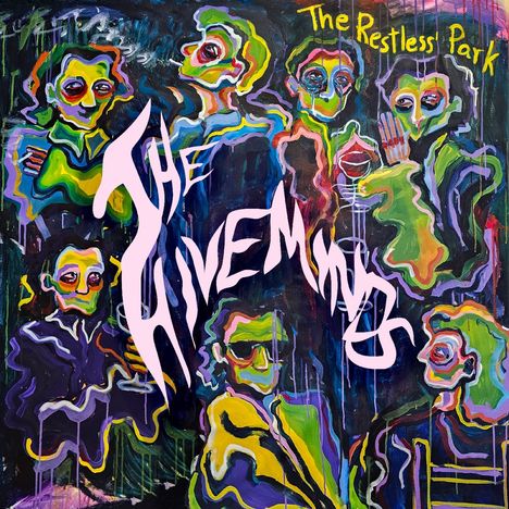 "The Restless Park" und "The Hiveminds" in lebendiger Schrift, umgeben von abstrakten, bunten Gesichtern.