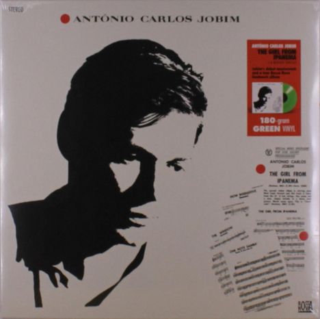"ANTÔNIO CARLOS JOBIM" steht oben, mit einer schwarz-weißen Silhouette eines Gesichts im Vordergrund. Links ein Infokasten.