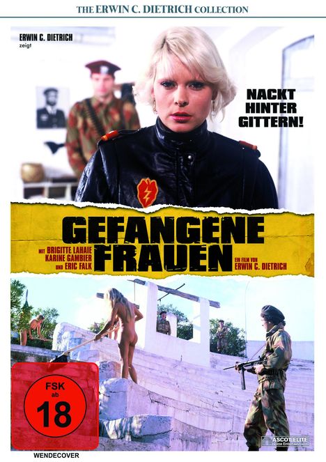 "Gefangene Frauen", oben eine Frau in Uniform. Darunter nackte Frauen und ein Soldat. Text: FSK ab 18.