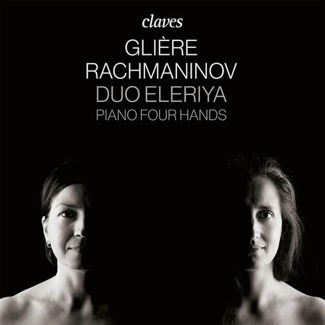 „claves“; GLIÈRE RACHMANINOV DUO ELERIYA PIANO FOUR HANDS. Zwei Frauenporträts, eine links, eine rechts, auf schwarzem Hintergrund.