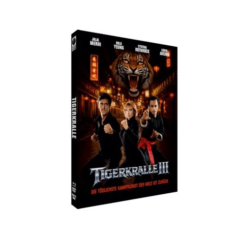 "Tigerkralle III", darunter "Die tödlichste Kampfkunst der Welt ist zurück". Drei kämpfende Personen vor einem Tiger und asiatischer Architektur.